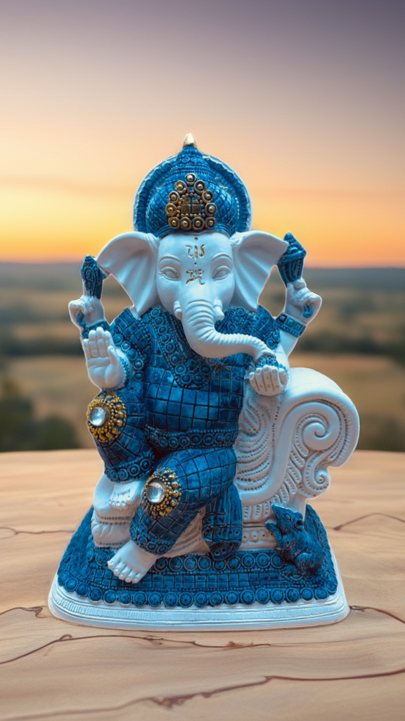 Estatua Ganesha “Meditación” Azul y Blanca (21,5 cm) – Figura decorativa de resina