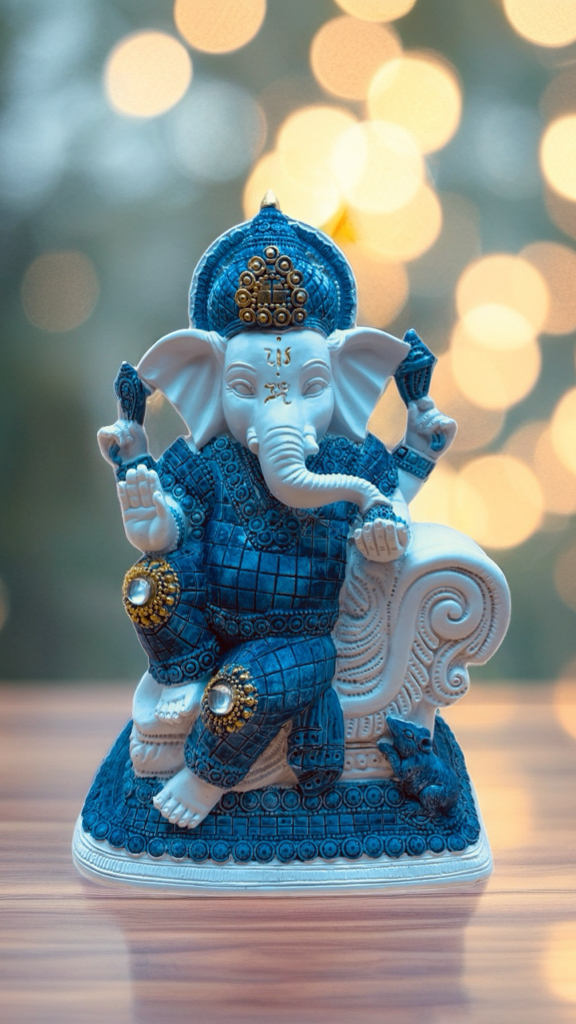 Estatua Ganesha “Meditación” Azul y Blanca (21,5 cm) – Figura decorativa de resina